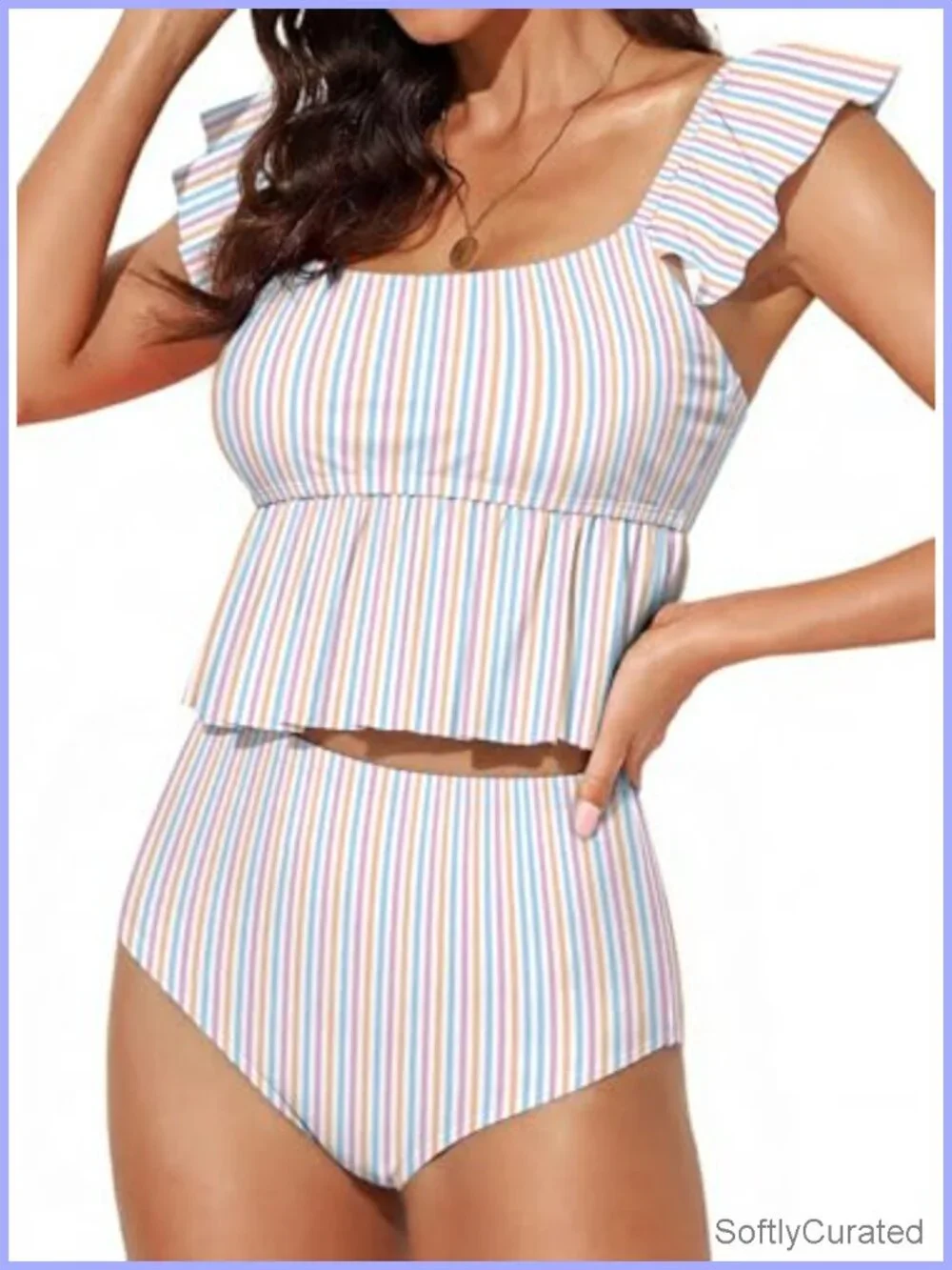 Two Piece Tankini Swimsuits Square Neck Ruffle Cap Sleeve Bathing Suit